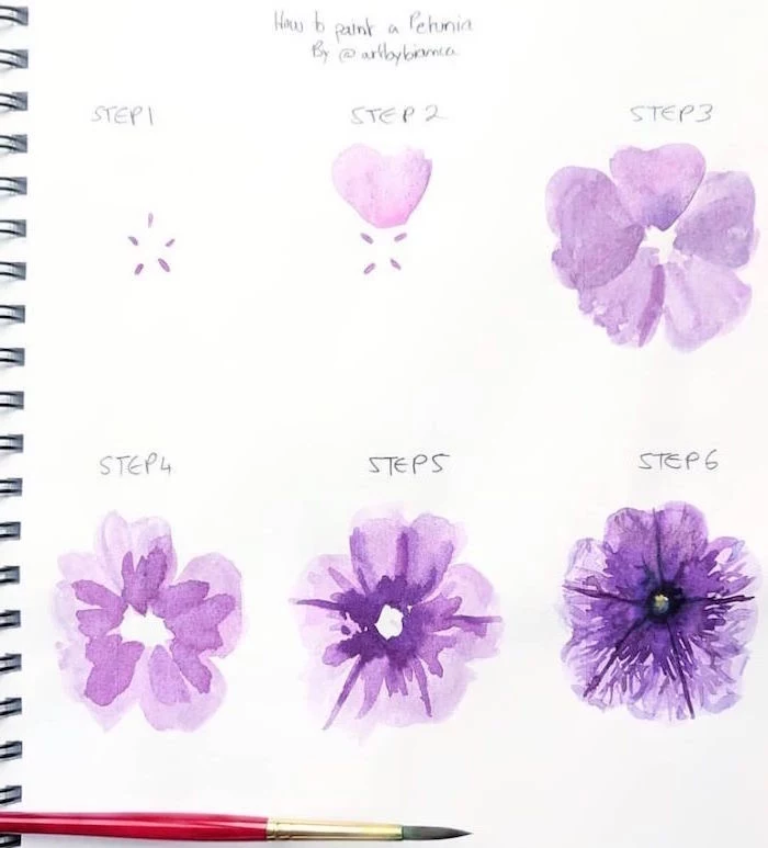step by step diy tutorial, how to draw a flower, simple watercolor ideas, purple flower, painted in six steps