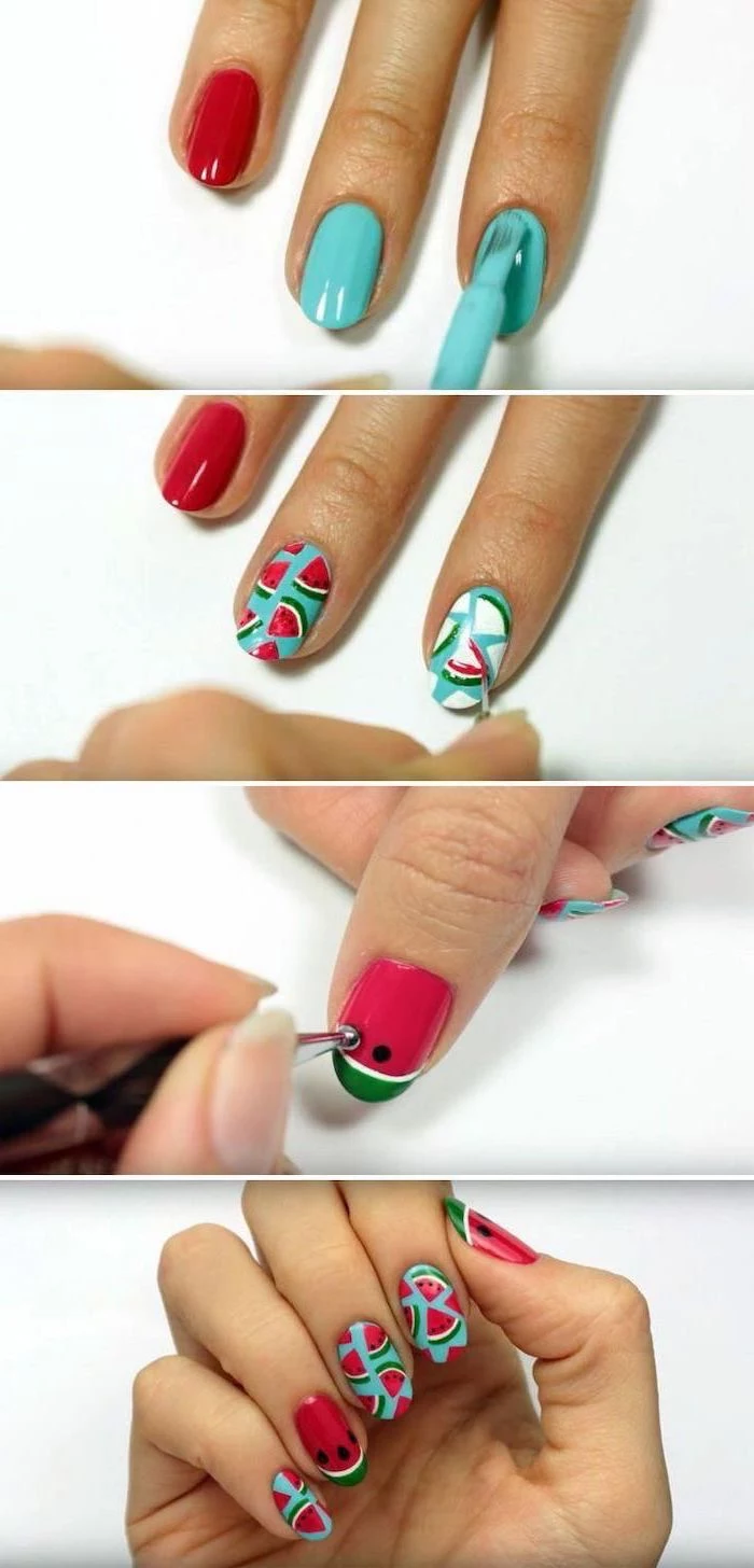 step by step diy tutorial, beach nail designs, orange and blue nail polish, watermelons decorations