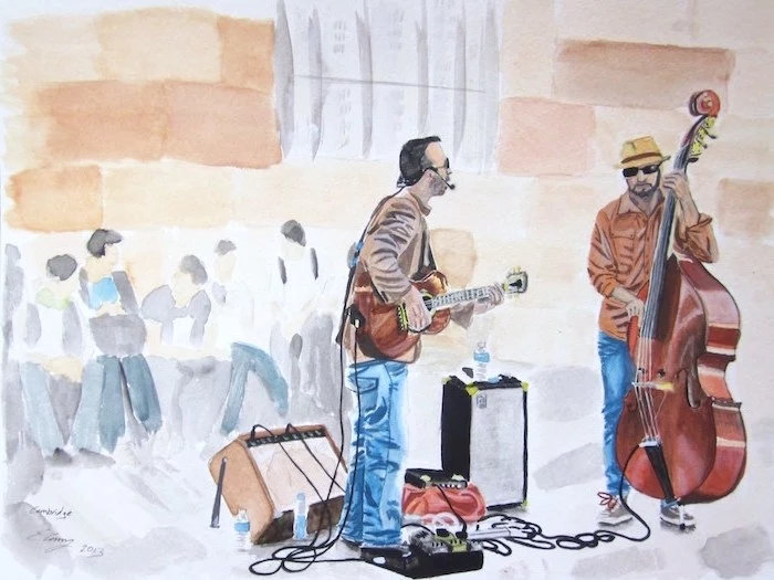 street musicians playing instruments, one playing the guitar, another one playing the cello, how to watercolor, people walking by