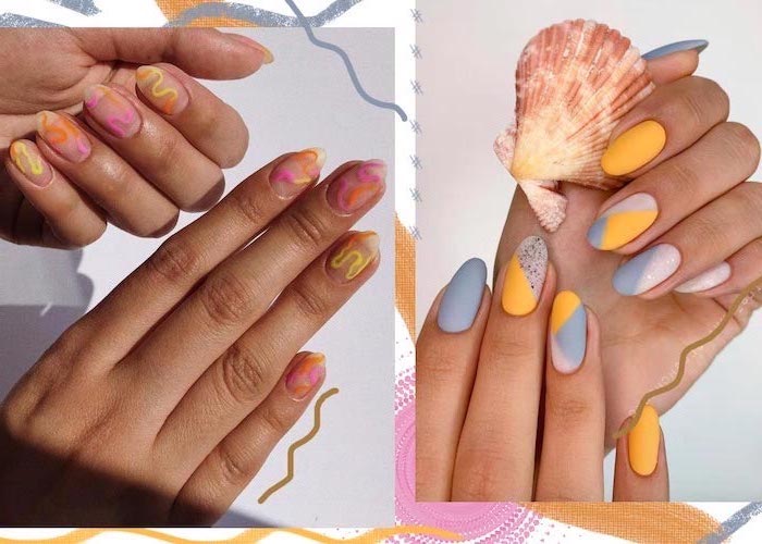 side by side photos, almond nails, beach nail designs, yellow and grey nail polish, abstract decorations