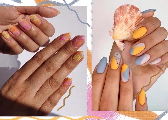 side by side photos, almond nails, beach nail designs, yellow and grey nail polish, abstract decorations