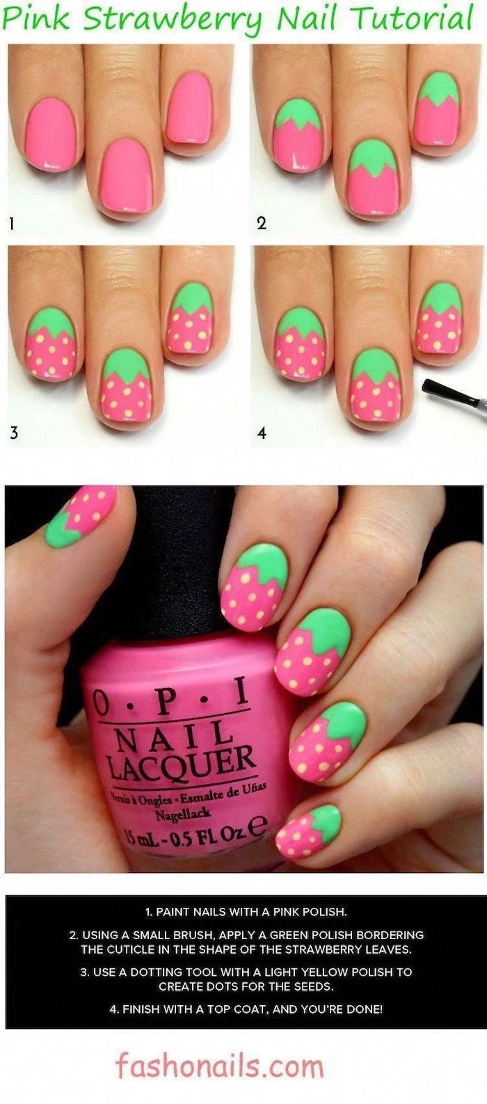 step by step diy tutorial, pink and green nail polish, beach nail designs, strawberries decorations
