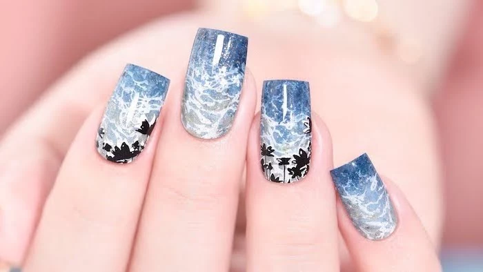 ocean waves decorations, palm trees decorations, beach nail designs, blue and white nail polish, ombre nails