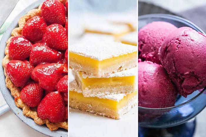 summer desserts three side by side photos of strawberry tart lemon cheesecake berries ice cream