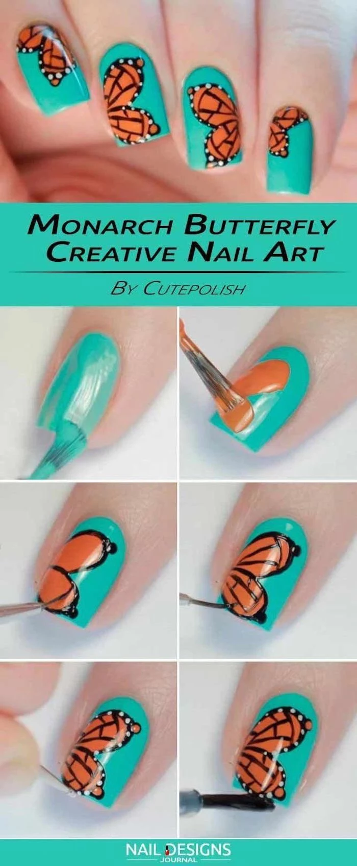 monarch butterfly, step by step diy tutorial, beach nail designs, turquoise nail polish