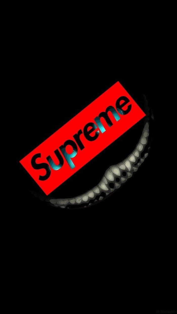 supreme girl wallpaper black background cheshire cat smile supreme logo in red