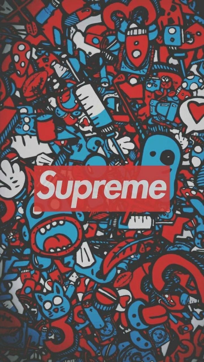 supreme logo at the center in red and white cartoon supreme wallpaper cartoon drawings in blue black and red in the background
