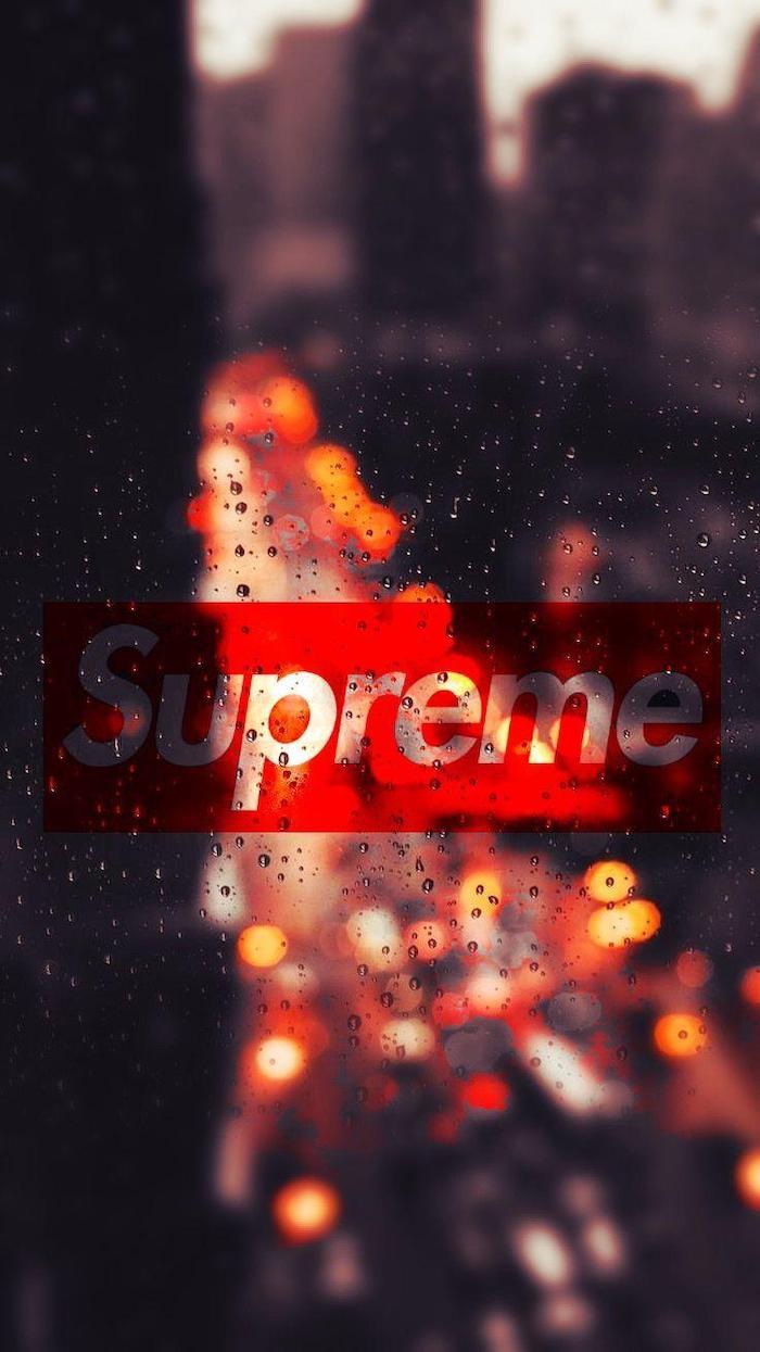 supreme wallpaper for iphone photo of a traffic on highway at night taken from behind foggy window with raindrops red and white supreme logo in the middle