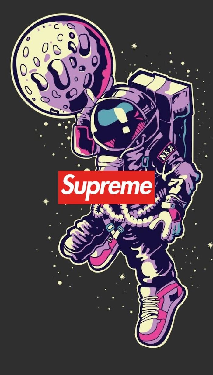 supreme wallpaper hd cartoon drawing of an astronaut holding the moon on black background supreme logo in red and white at the center