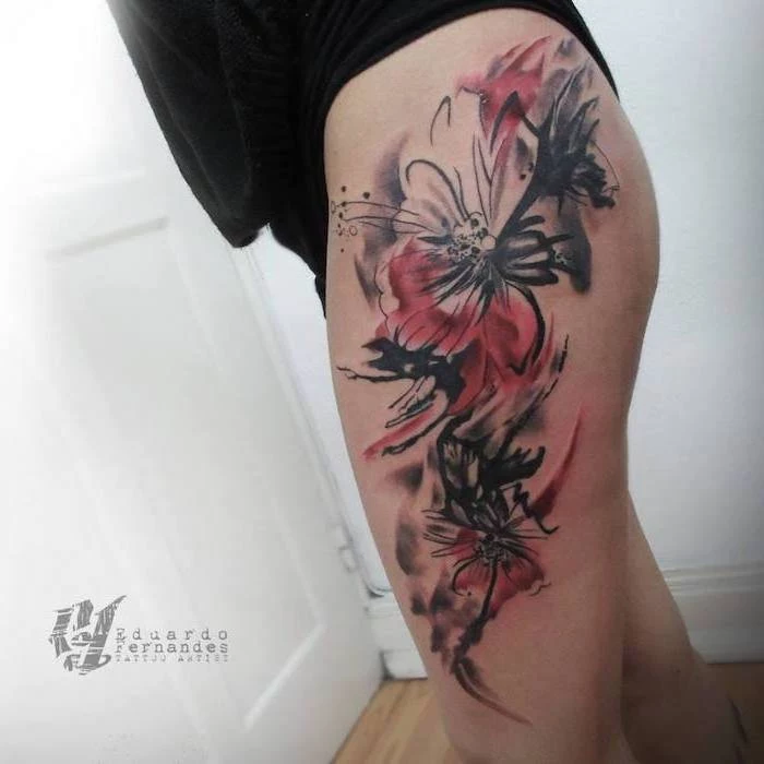 thigh tattoo what is trash polka tattoo red and black flowers with watercolor background