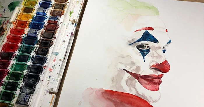 joaquin phoenix as the joker, how to watercolor, painting on white background, red lips and nose