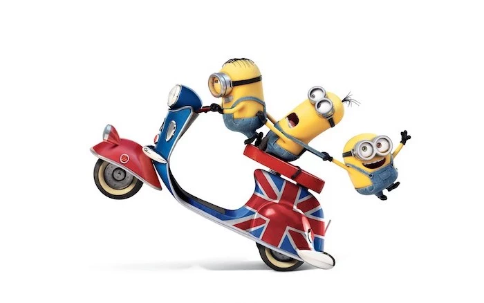 three minions riding a vespa decorated with the british flag funny desktop backgrounds white background