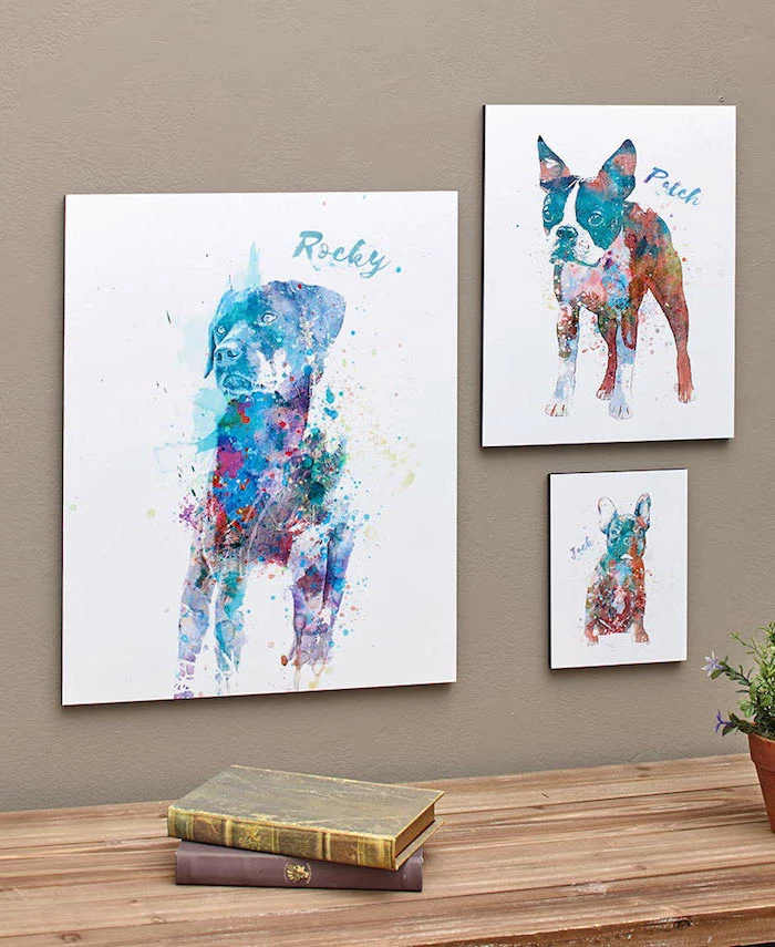 three separate drawings of dogs, how to use watercolor, painted with different colors, white background