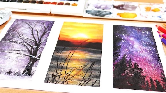 three side by side paintings, how to watercolor, snowy forest landscape, sunset over lake landscape, galaxy sky