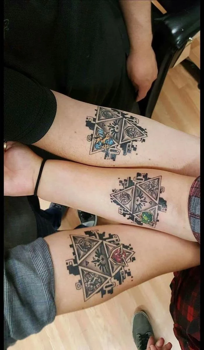 three siblings with matching forearm tattoos brother and sister tattoos triangles with different symbols