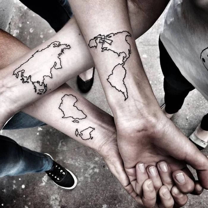 three siblings with matching forearm tattoos brother sister tattoos three parts forming the map of the world