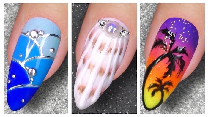 three side by side photos, almond nails, bright summer nails, different colors and decorations