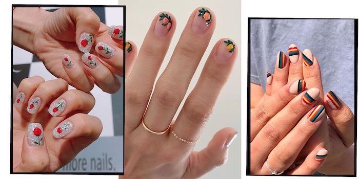 three side by side photos, bright summer nails, short squoval nails, different colors and decorations