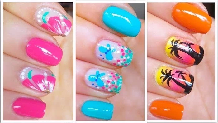 short squoval nails, different colors and decorations, bright summer nails, three side by side photos