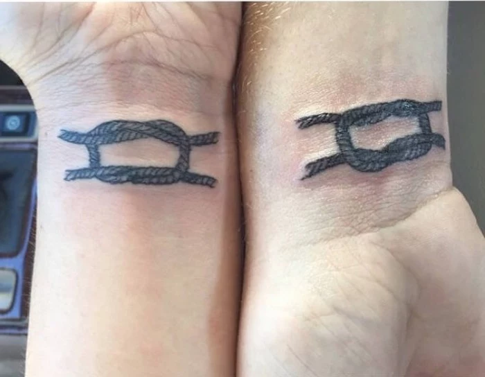 tied ropes with two knots sibling tattoos for 3 matching wrist tattoos on man woman