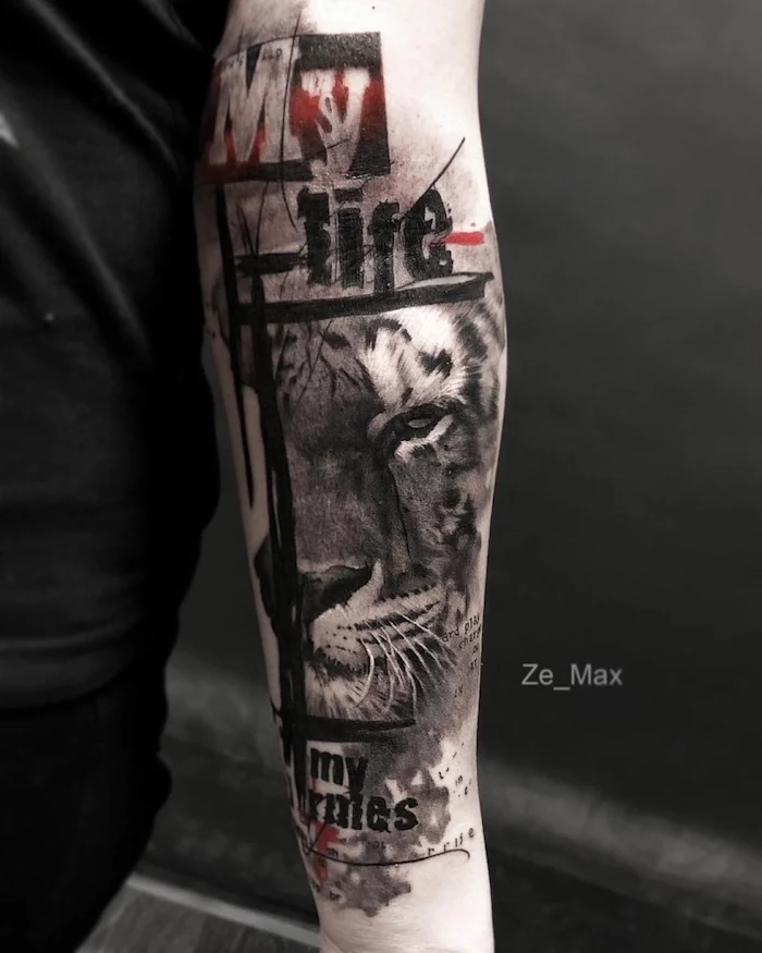 tiger head forearm tattoo in red and black trash polka chest tattoo black background