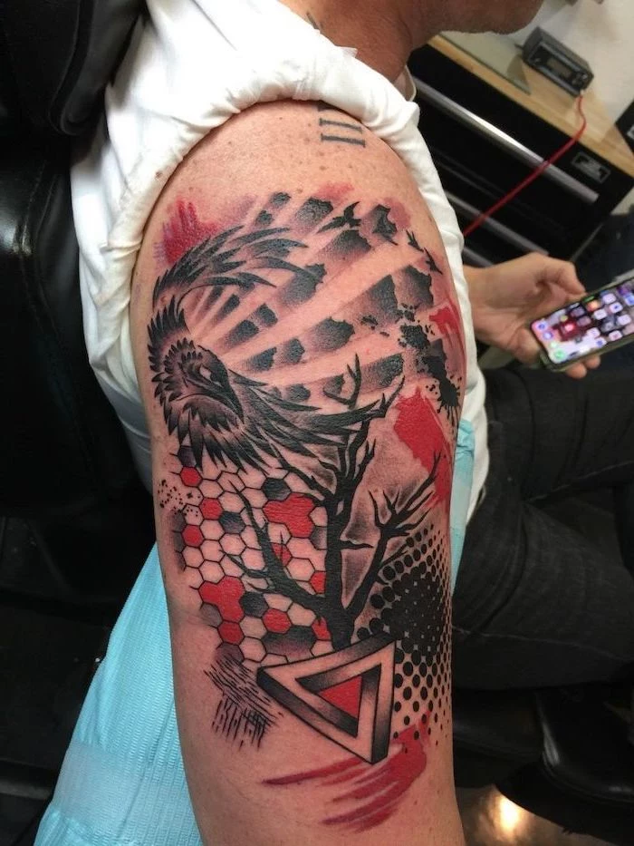 trash polka eagle tattoo shoulder tattoo eagle flying over tree with no leaves black and red tattoos