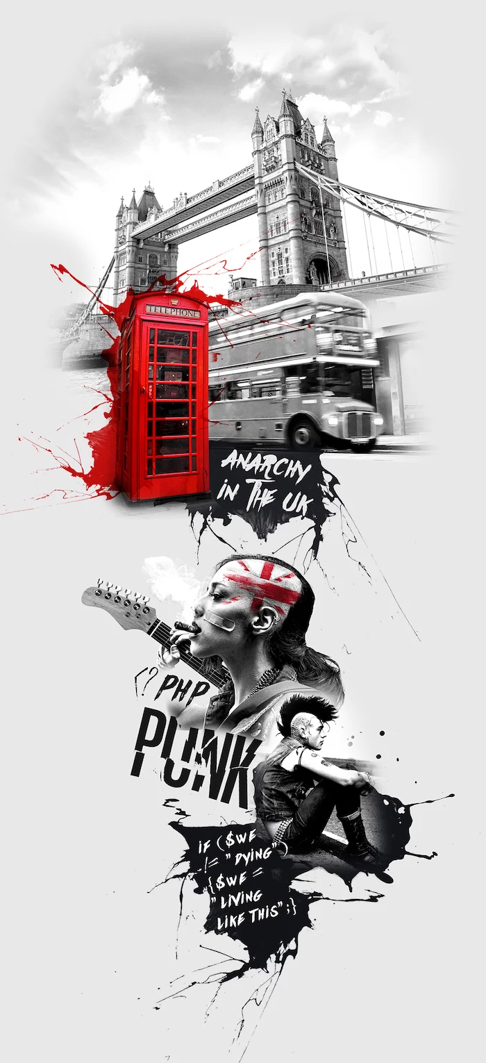 trash polka sleeve tower bridge london landscape bus red phone cabin pink anarchy in the uk photo collage