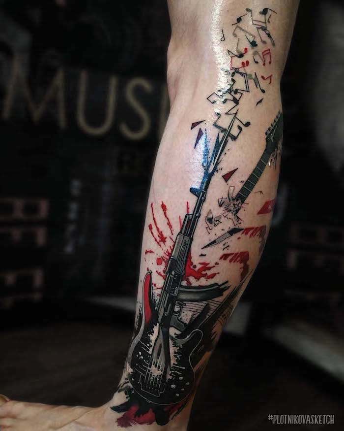 trash polka tattoo design guitar automatic machine gun shooting out musical notes leg tattoo