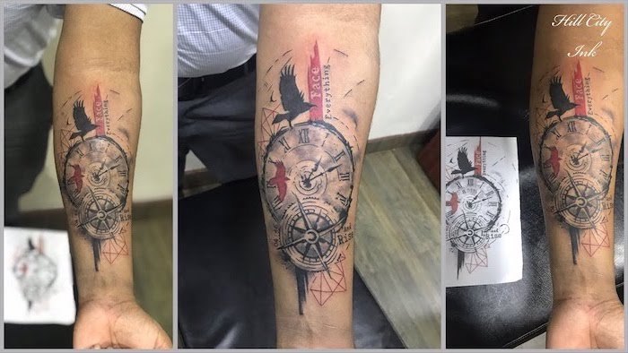 trash polka tattoo ideas three side by side photos of forearm tattoo of compass watch with roman numerals