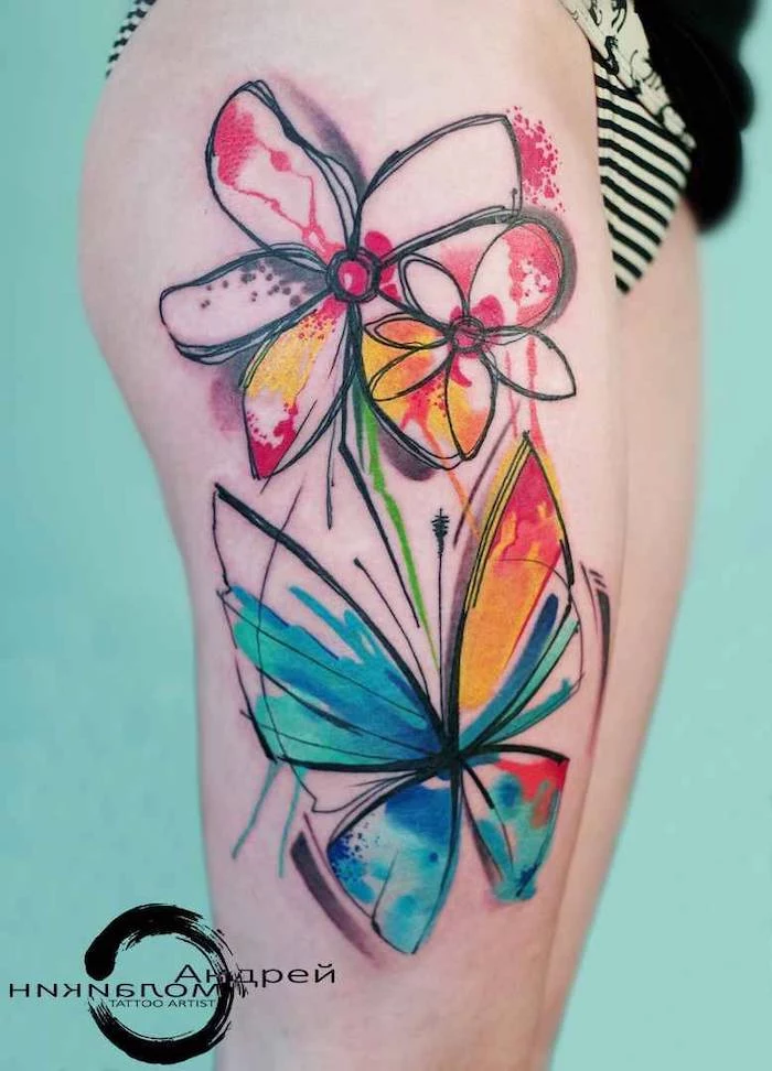 trash polka tattoo sleeve thigh tattoo of flowers and butterfly watercolor tattoo in blue red and orange