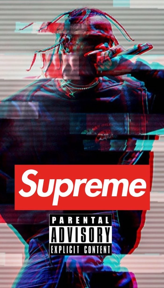 travis scott photo supreme girl wallpaper parental advisory explicit content sign supreme logo in red and white