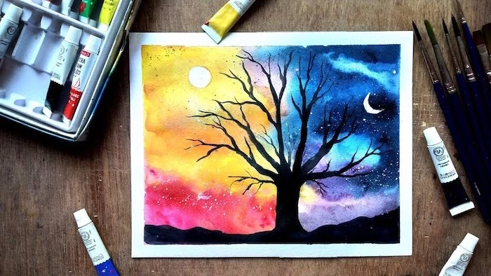 tall black tree with no leaves, how to watercolor, night and day sky in the background, sun and moon