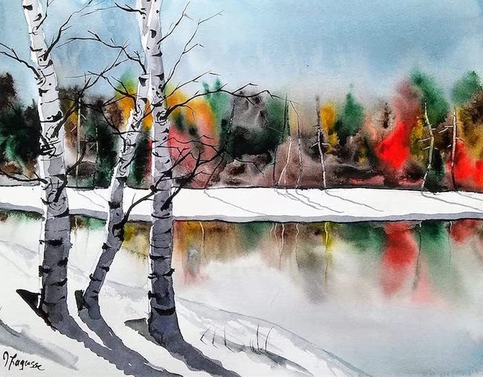 frozen lake landscape, surrounded by tall trees, painted in different colors, how to use watercolor, beach covered with snow
