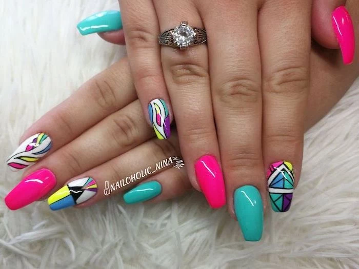 pink and blue nail polish, abstract colorful decorations, bright summer nails, long squoval nails