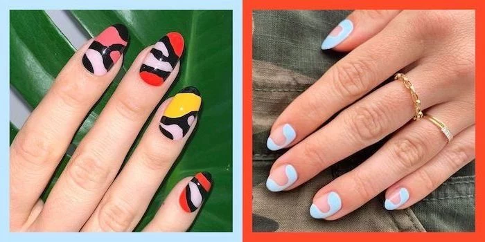 two side by side photos, almond nails, summer acrylic nail designs, different colors and decorations