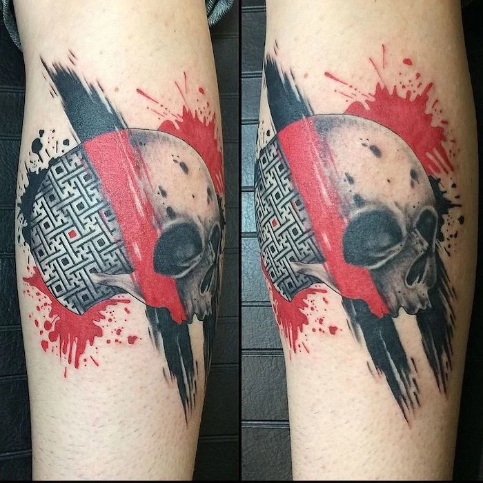 two side by side photos of tattoo on back of leg trash polka eagle tattoo skull with labyrinth red black lines