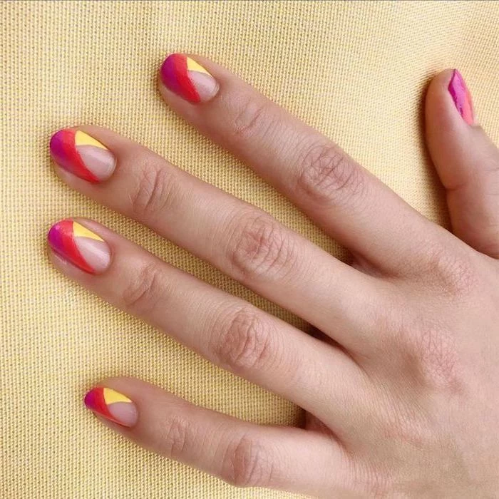 summer acrylic nail designs, red and yellow nail polish, short squoval nails, yellow background