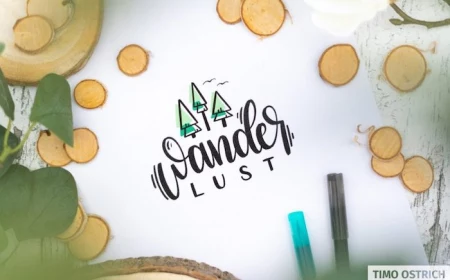 wanderlust written in black hand lettering three small trees drawn above it white background