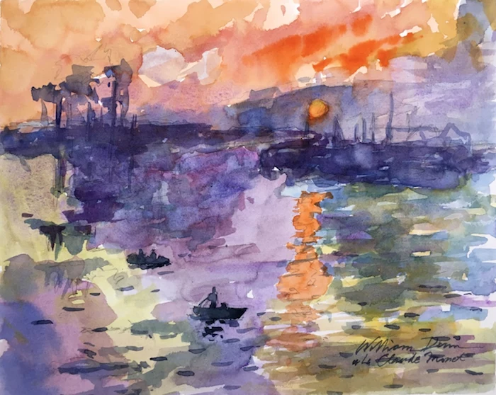 abstract art, how to watercolor, ocean landscape, boats in the water, painted at sunset