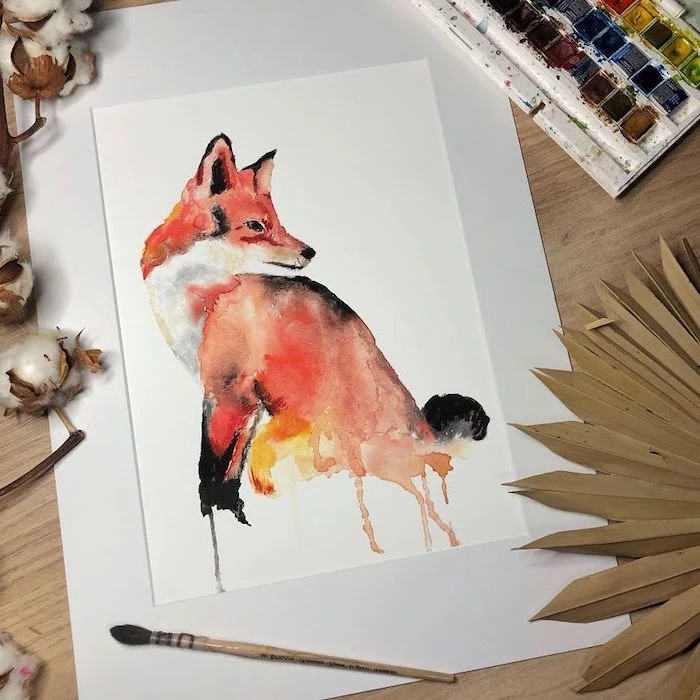 painting of a fox, things to paint with watercolor, painted on white background, black orange and red colors