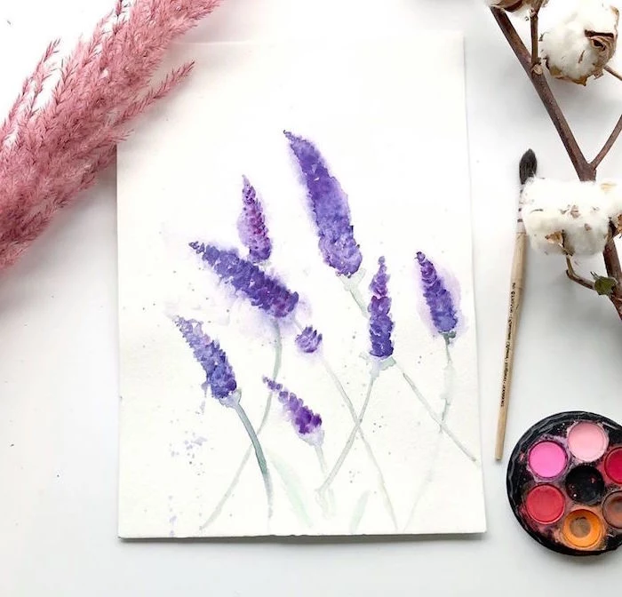 painting of lavender, things to paint with watercolor, painted on white background, placed on white surface