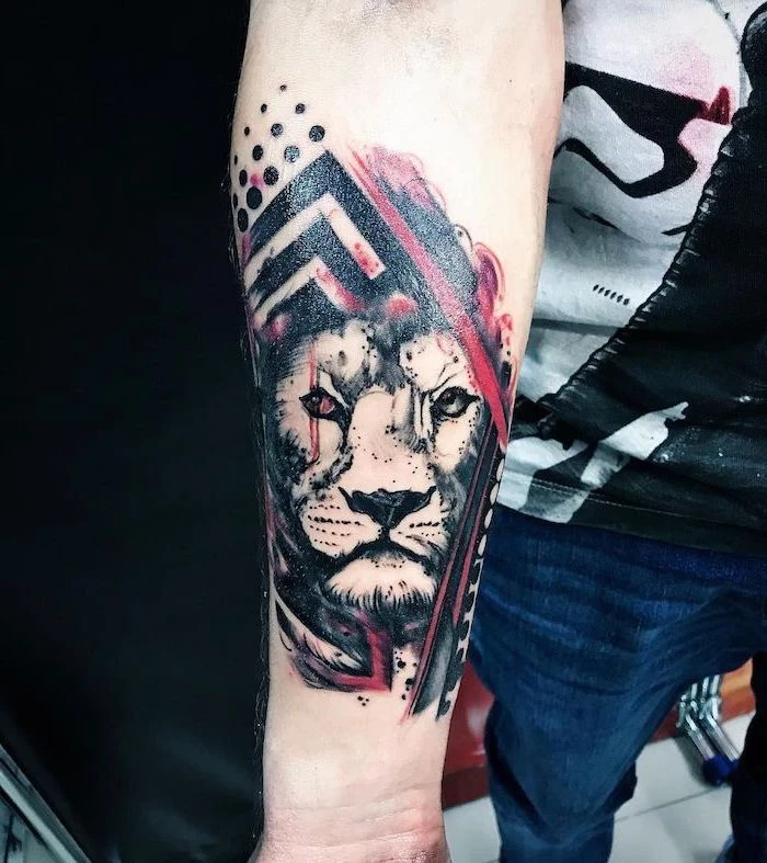 what is trash polka tattoo lion head with one red eye surrounded by red black lines