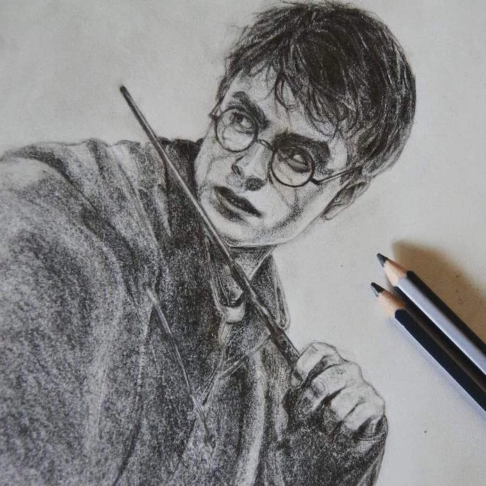 black and white pencil drawing, harry holding his wand, how to draw hogwarts, white background