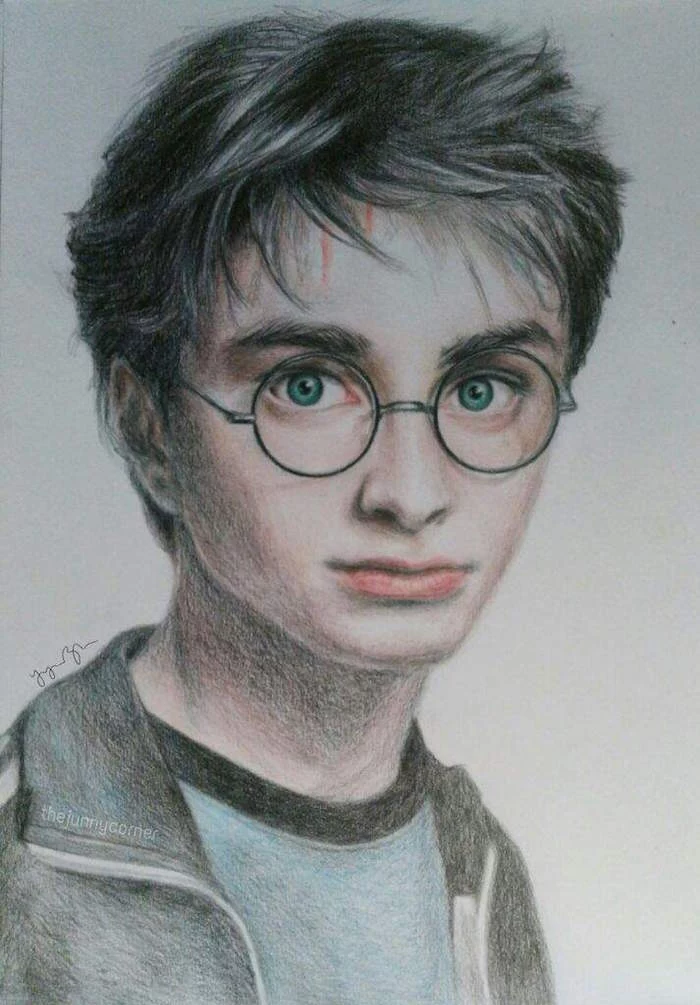 colored pencil drawing, white background, how to draw harry potter, harry from prisoner of azkaban