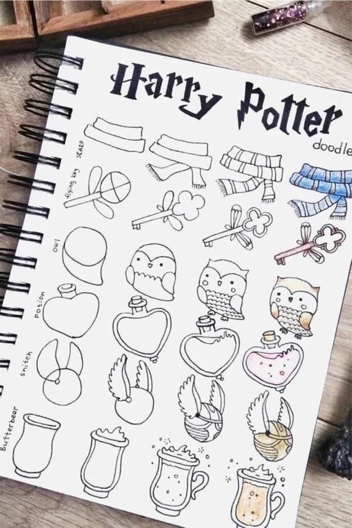 how to doodle harry potter, how to draw hogwarts, potions bottle and butterbear, the golden snitch