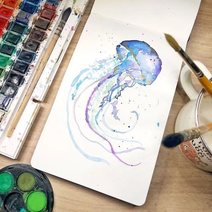 painting of a jellyfish, painted with different colors, things to paint with watercolor, painted on white background