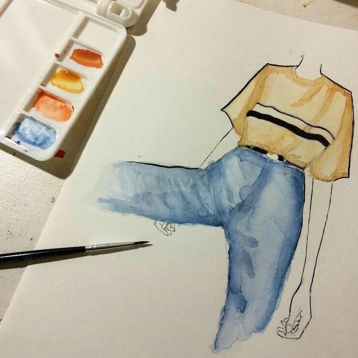 painting of a female silhouette, wearing beige t shirt, blue jeans, things to paint with watercolor, white background
