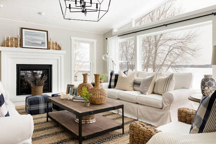 farmhouse living room furniture, white furniture set, placed in front of a fireplace, wooden coffee table