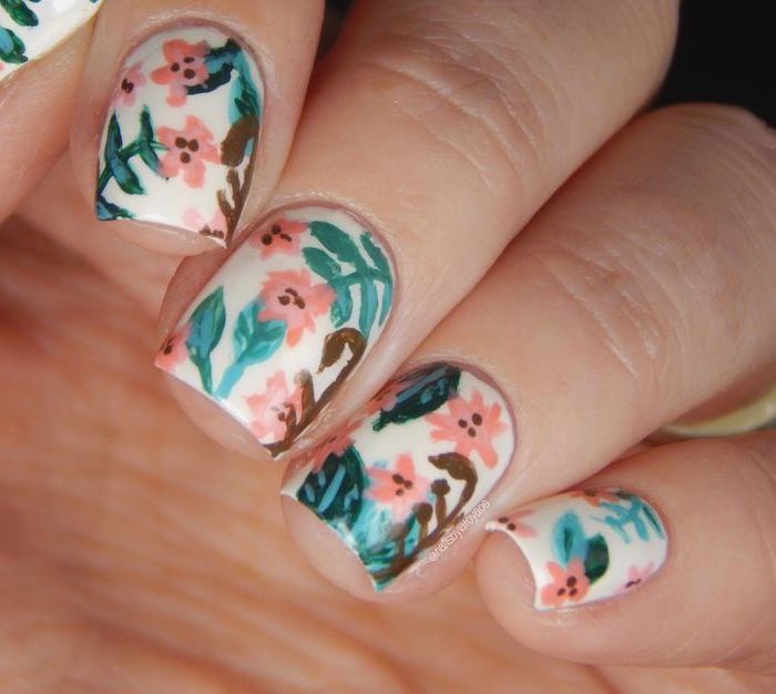 white nail polish, pink flowers decorations, summer acrylic nail designs, short square nails