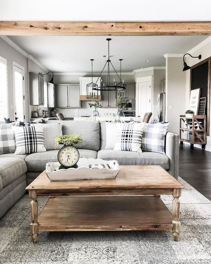 wooden coffee table, grey corner sofa, country farmhouse decor, grey carpet on dark wooden floor